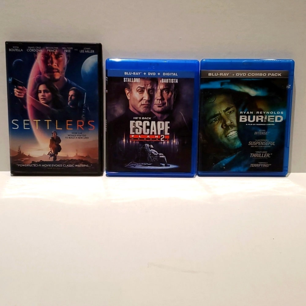 3 dvds, Buried, Escape Plan 2, Settlers